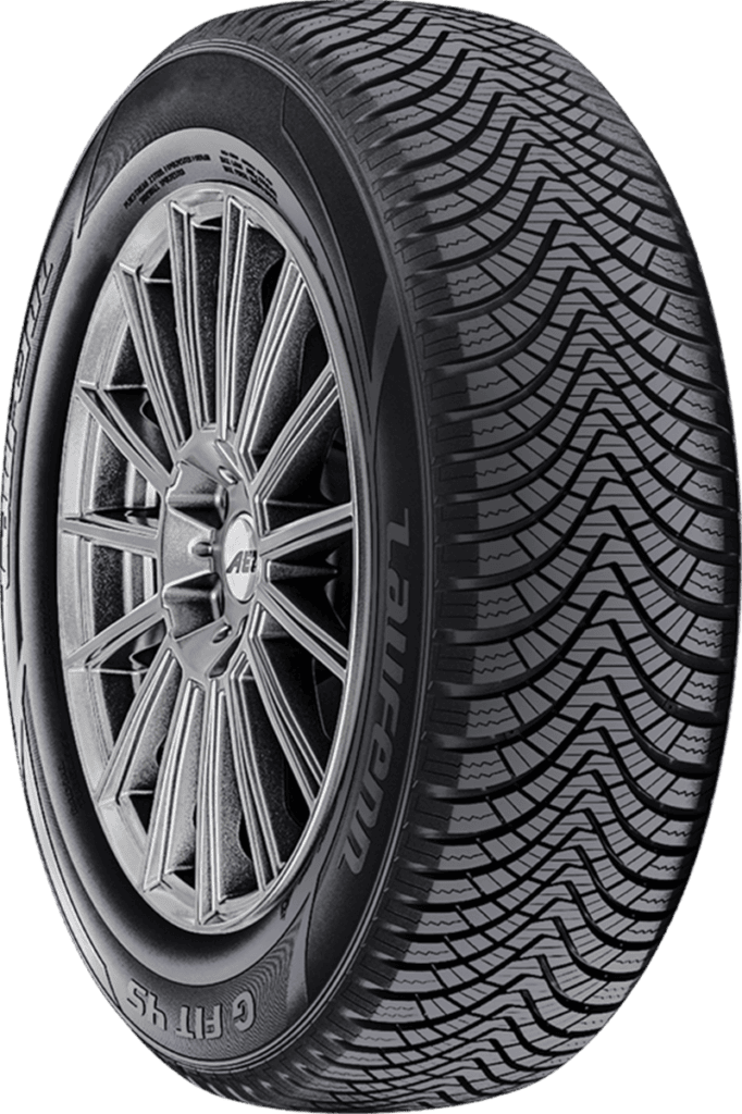 All-weather Laufenn G Fit 4S tire with detailed tread pattern and alloy wheel.