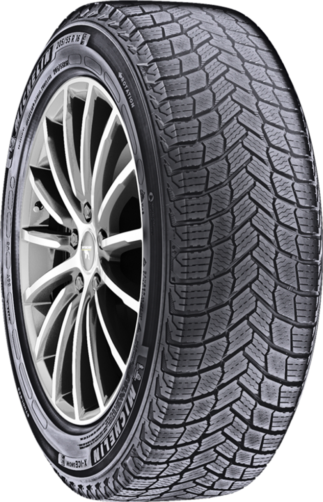 All-terrain tire with a detailed tread pattern and alloy wheel rim.