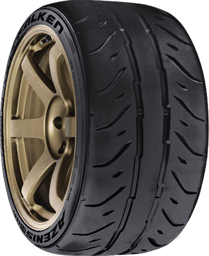 High-performance racing tire with gold alloy wheel for motorsports.