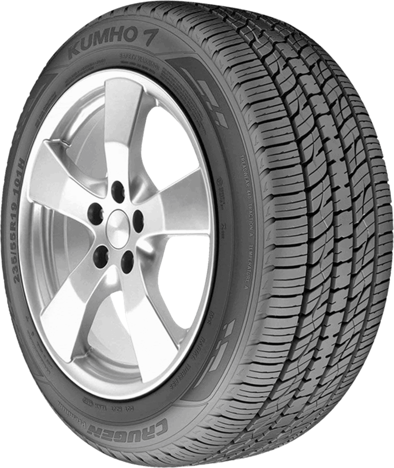 Kumho tire mounted on a silver alloy wheel for vehicle use.