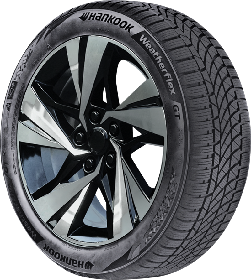 Hankook WeatherFlex GT tire with alloy wheel for all-weather driving.