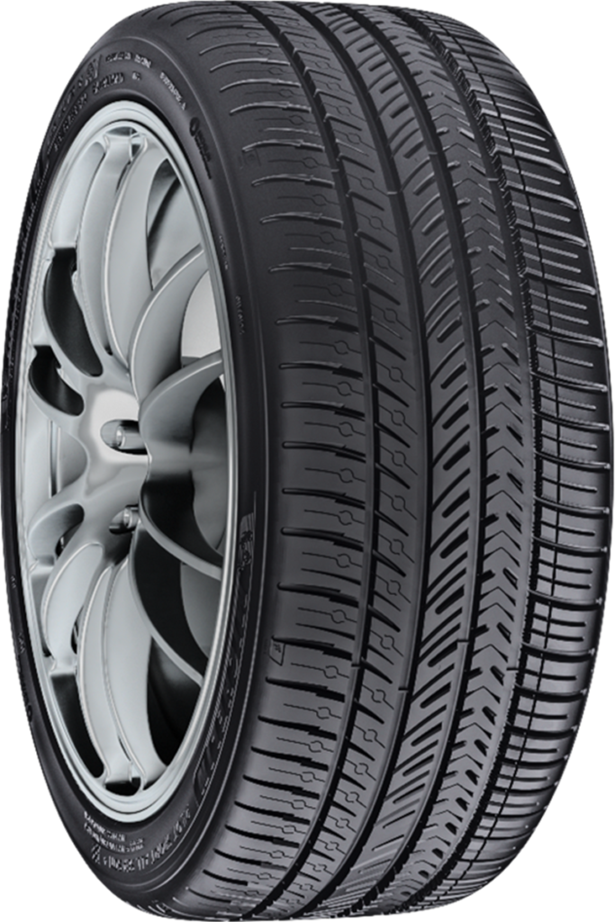All-season tire with detailed tread pattern for optimal grip and performance.