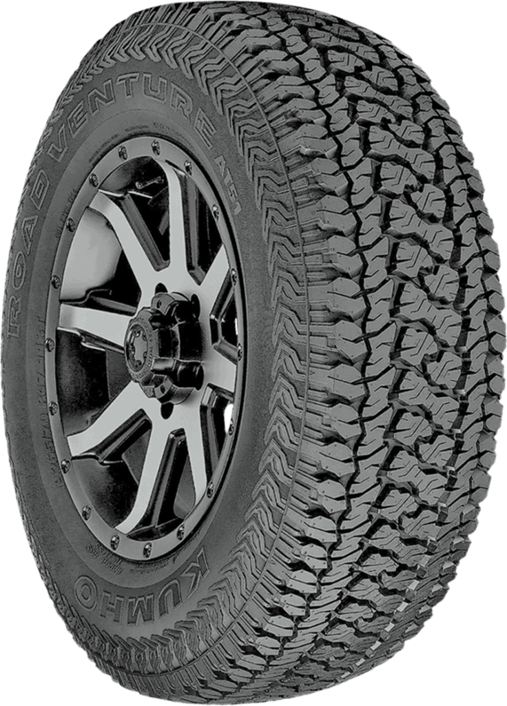 All-terrain tire with rugged tread for off-road driving and durability.