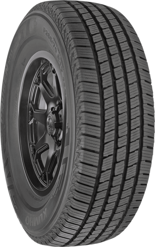 Kumho HT51 LT245/75R17 LRE all-weather tire on black alloy wheel.