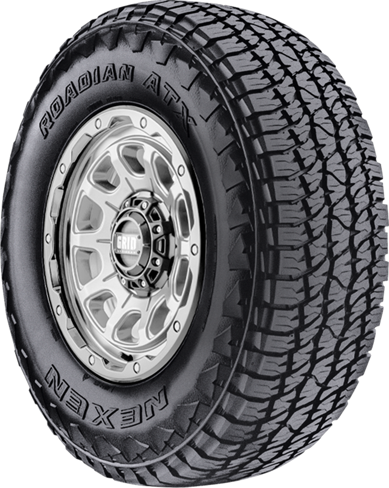 All-season tire with rugged tread pattern for off-road and on-road use.