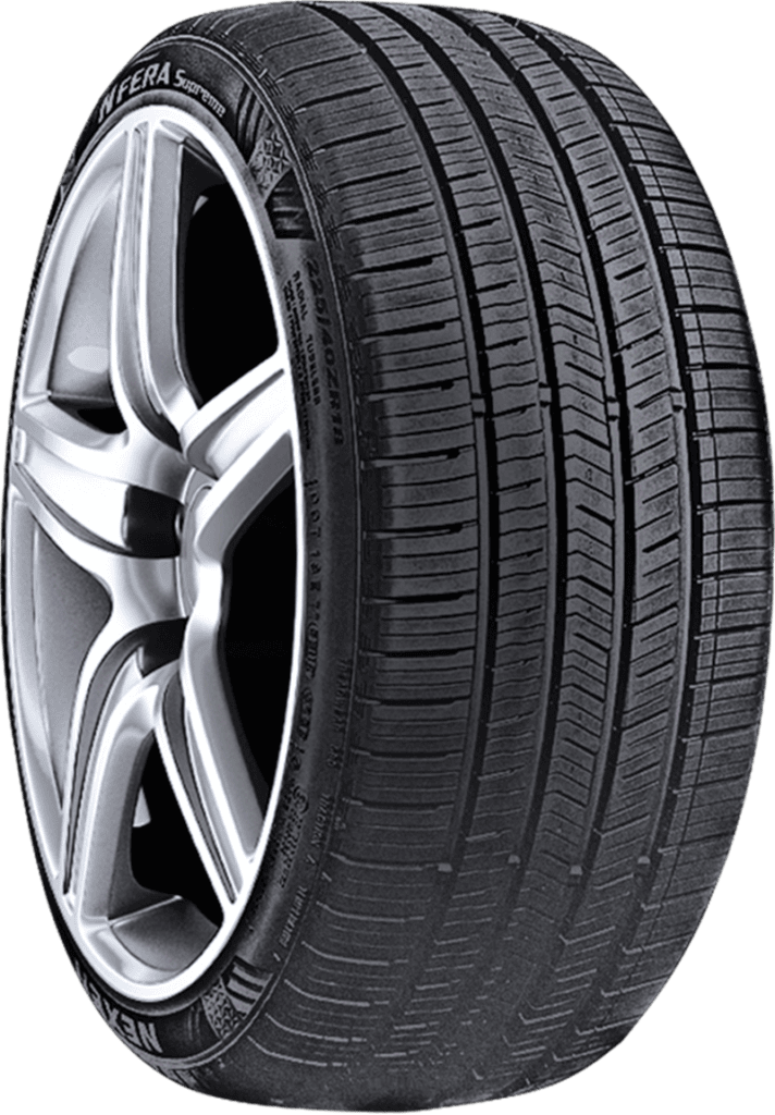 Nexen Nfera Supreme P215/45R17 tire with alloy wheel for all-season driving.