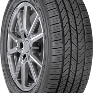 Toyo Extensa AS II P225/75R15 tire with alloy wheel on black background.