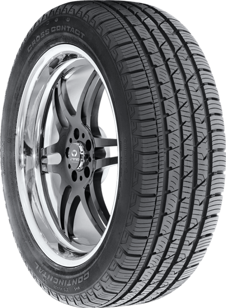 All-season tire with alloy wheel for SUV or truck, detailed tread pattern visible.