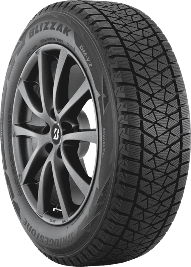 Bridgestone Blizzak DM-V2 winter tire with alloy wheel for SUVs.