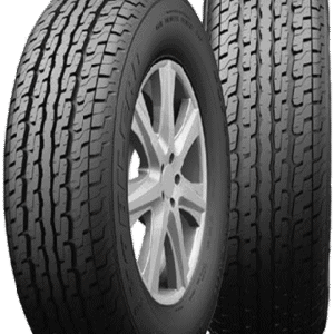 Two trailer tires with silver alloy wheels on a white background.