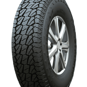 All-terrain tire with rugged tread pattern for off-road use.