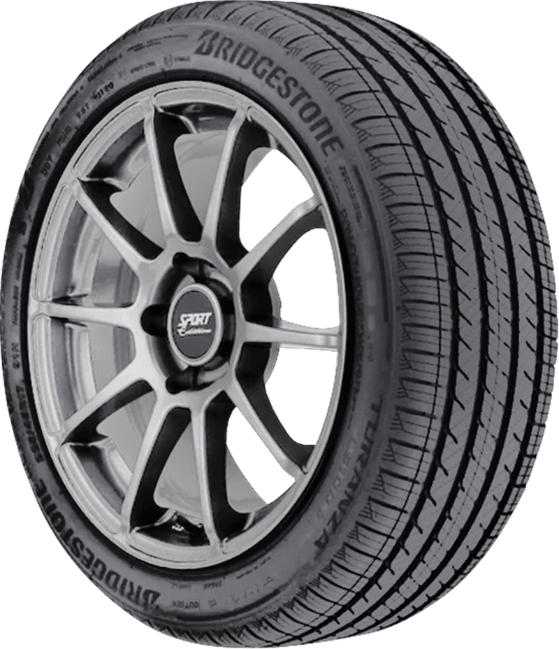Bridgestone tire with alloy wheel for high-performance vehicles.