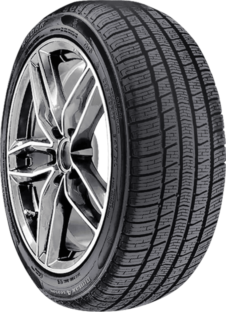 High-performance car tire with alloy wheel for optimal driving safety.