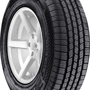 All-season tire with a white alloy wheel for passenger vehicles.