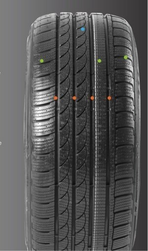 Close-up of a car tire with detailed tread pattern and colored markers.