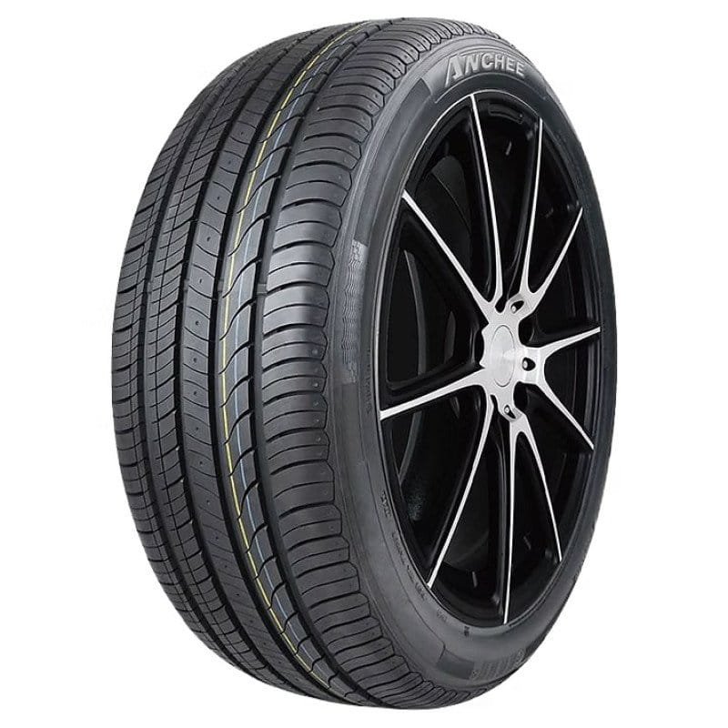 High-performance car tire with stylish black alloy wheel rim.