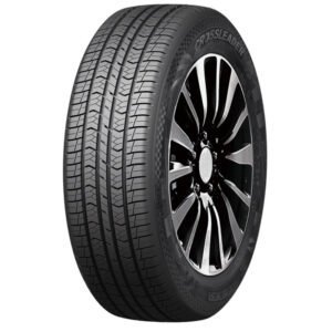 All-season tire with black alloy wheel for cars and trucks.