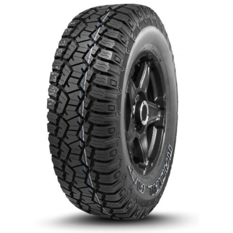 Off-road tire with rugged tread for all-terrain driving.