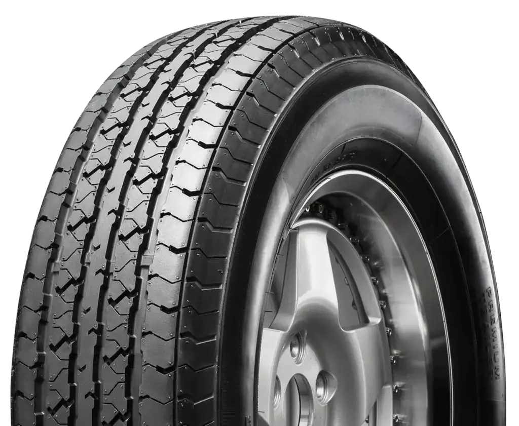 Commercial truck tire with detailed tread pattern for durability and traction.