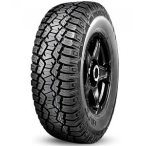 All-terrain tire with rugged tread for off-road driving.