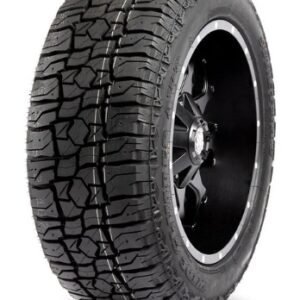 All-terrain tire with rugged tread pattern for off-road and on-road use.