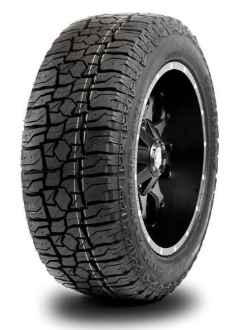 All-terrain tire with rugged tread for off-road and on-road use.