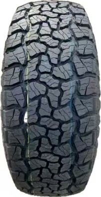 All-season tire with rugged tread pattern for off-road and on-road use.