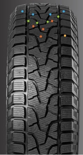 Winter tire with detailed tread pattern for snow and ice conditions.