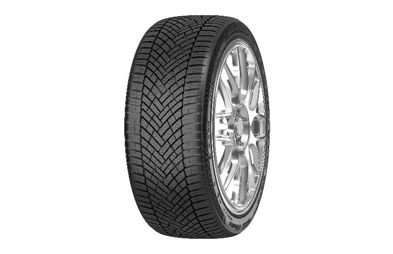 Migo Tire all-weather tire with detailed tread pattern and alloy wheel.
