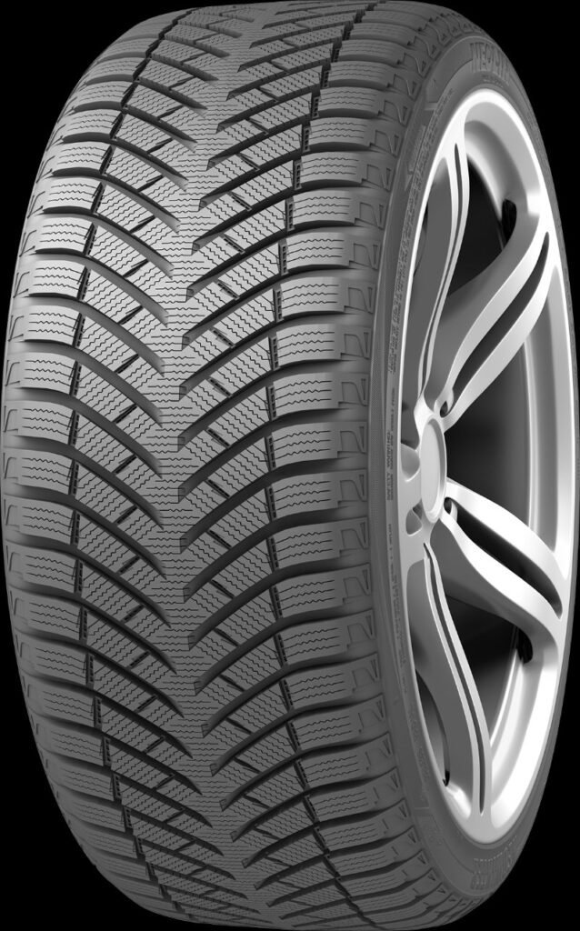 All-season tire with detailed tread pattern for optimal traction and performance.