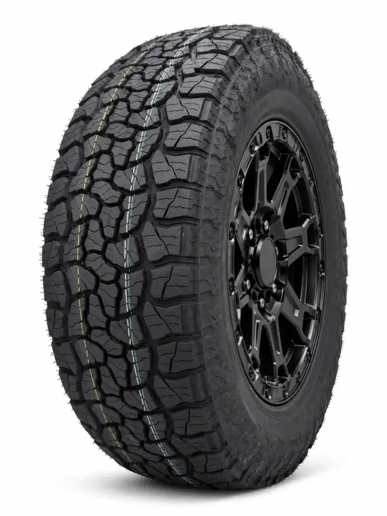 Off-road tire with rugged tread pattern for all-terrain driving.