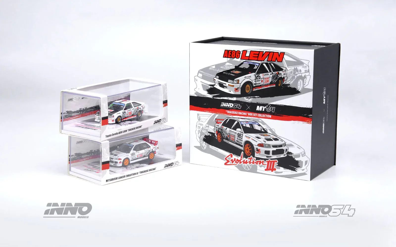 1:64 Toyota Corolla AE86 Levin & Lancer Evolution III TRACKERZ RACING Box Set - obrazek 2