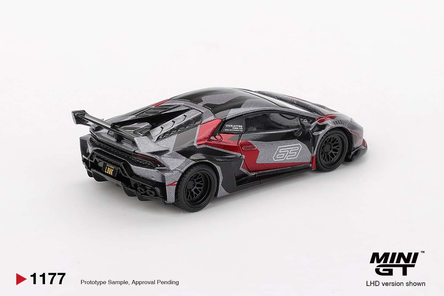 Mini64 diecast Lamborghini Huracan GT RONIN model car, black and red, detailed scale model.