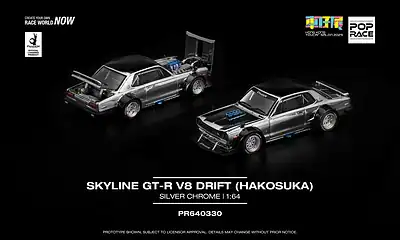Mini64 diecast Nissan Skyline GT-R V8 Drift model in silver chrome.