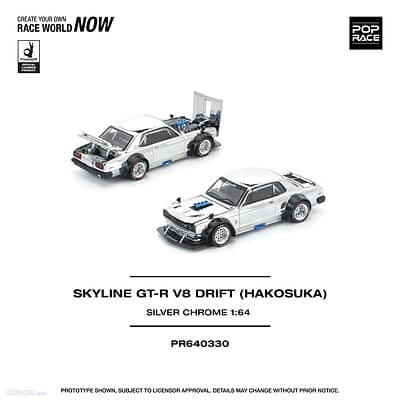 Mini64 diecast Nissan Skyline GT-R V8 Drift model, silver chrome, scale 1:64.