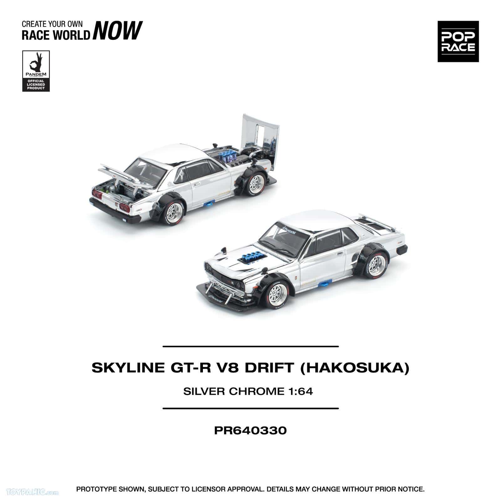 Mini64 diecast Nissan Skyline GT-R V8 Drift model, silver chrome, scale 1:64.