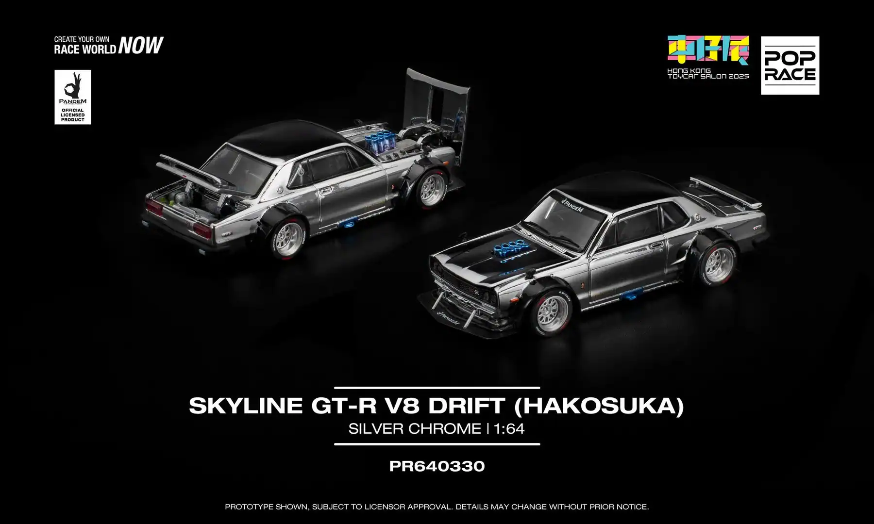 Mini64 diecast Nissan Skyline GT-R V8 Drift model in silver chrome.