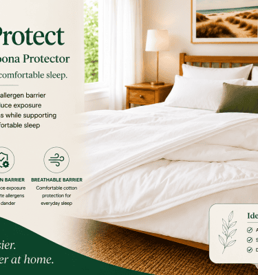 AllerProtect Dust Mite Doona Protector fitted over a doona on top of everyday bedding