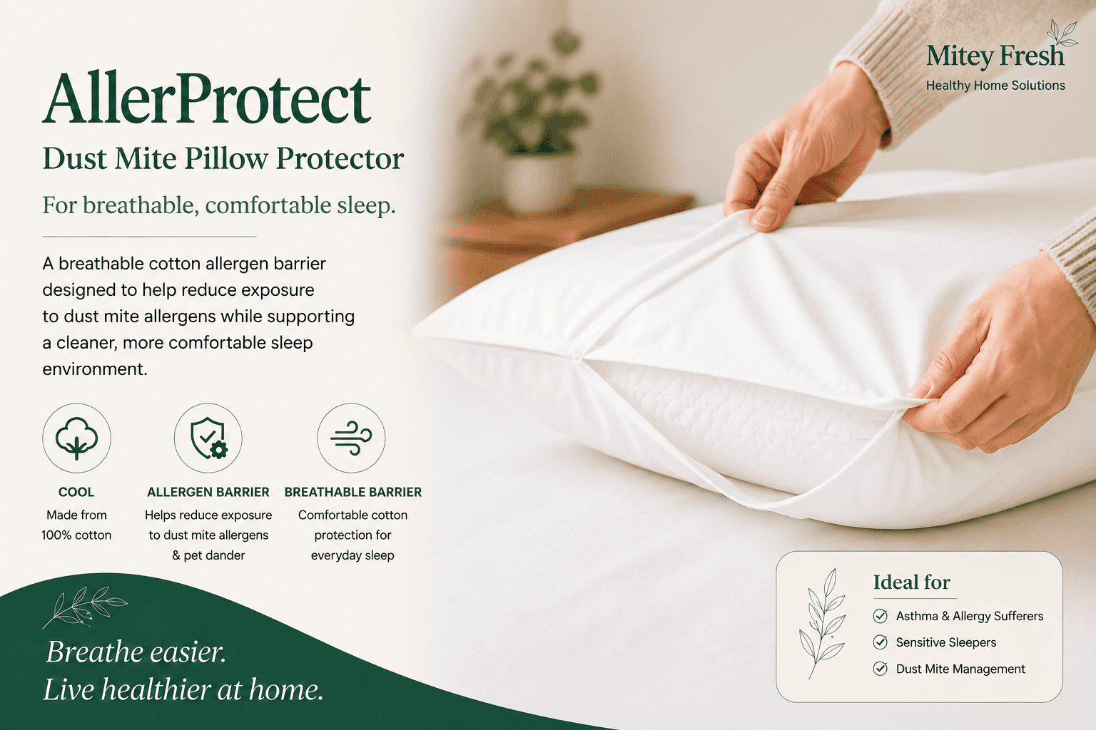 AllerProtect Dust Mite Pillow Protector fitted over a pillow beneath everyday bedding