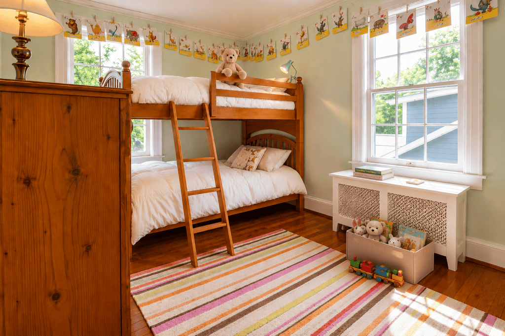 Children's bunk bedroom with natural silk doonas, toy box, story books and comfortable healthy sleep environment.