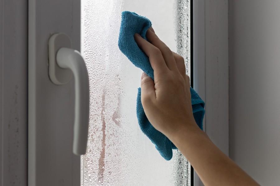 Condensation on window being gently wiped to support moisture balance indoors
