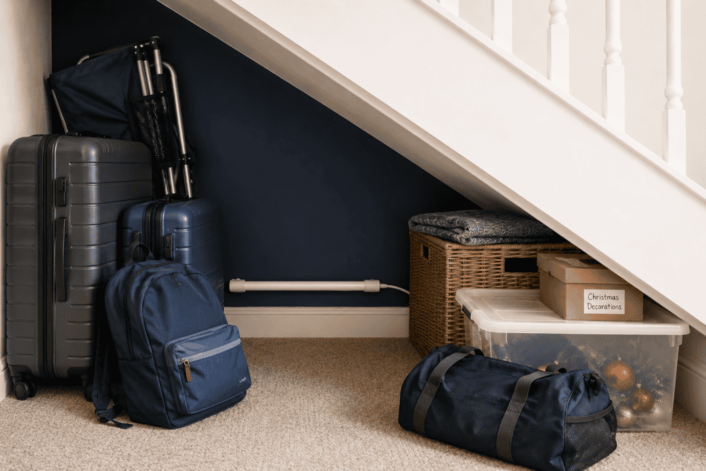 Under-stair storage area with Damp Defender rod supporting moisture control in an enclosed space