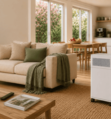 Inova E20 air purifier positioned within a calm open-plan living room and family entertainment space