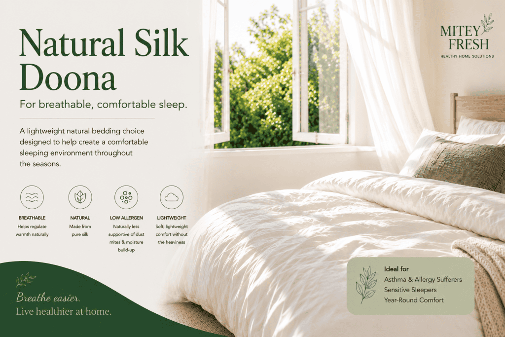 Natural silk doona on a breathable healthy bedroom bed with natural light and comfortable sleep environment