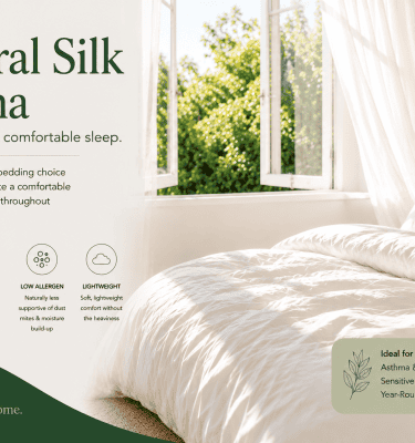 Natural silk doona on a breathable healthy bedroom bed with natural light and comfortable sleep environment