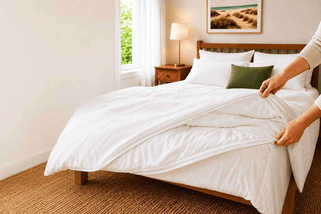 AllerProtect Dust Mite Doona Protector fitted over a doona on top of everyday bedding