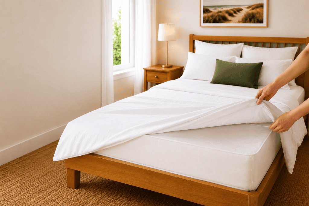 AllerProtect Dust Mite Mattress Protector fitted over a mattress beneath everyday bedding