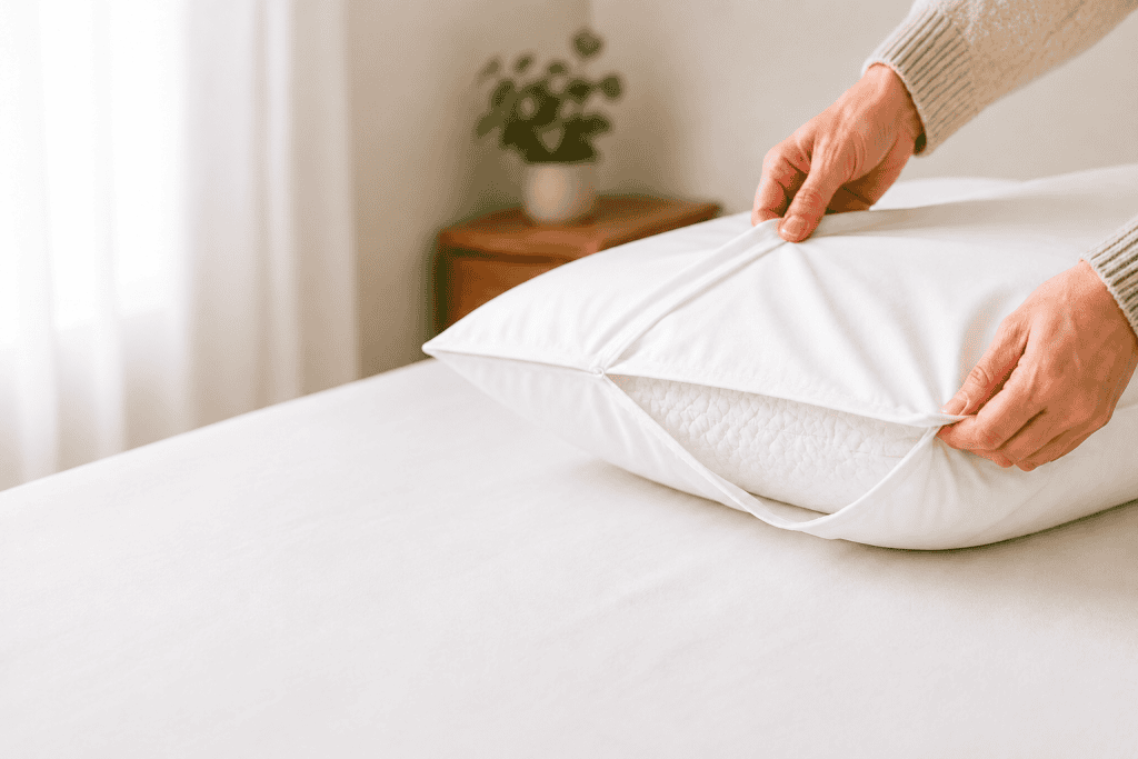 AllerProtect Dust Mite Pillow Protector fitted over a pillow beneath everyday bedding