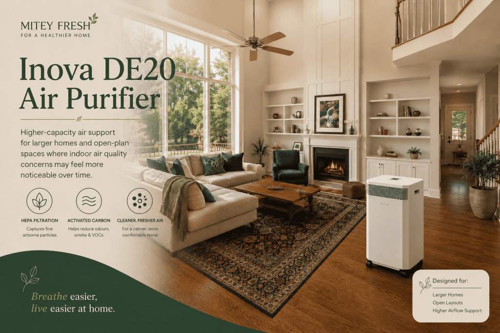 Inova DE20 air purifier supporting cleaner indoor air within a larger open-plan home