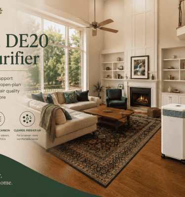 Inova DE20 air purifier supporting cleaner indoor air within a larger open-plan home